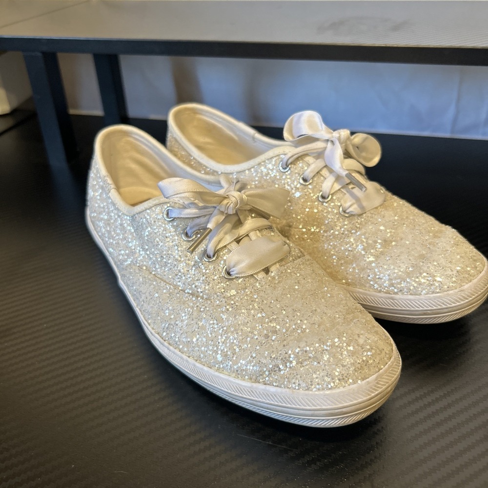 Kate Spade Keds 7M Champion White Glitter WF57835 Tennis Shoes Wedding Party Fun